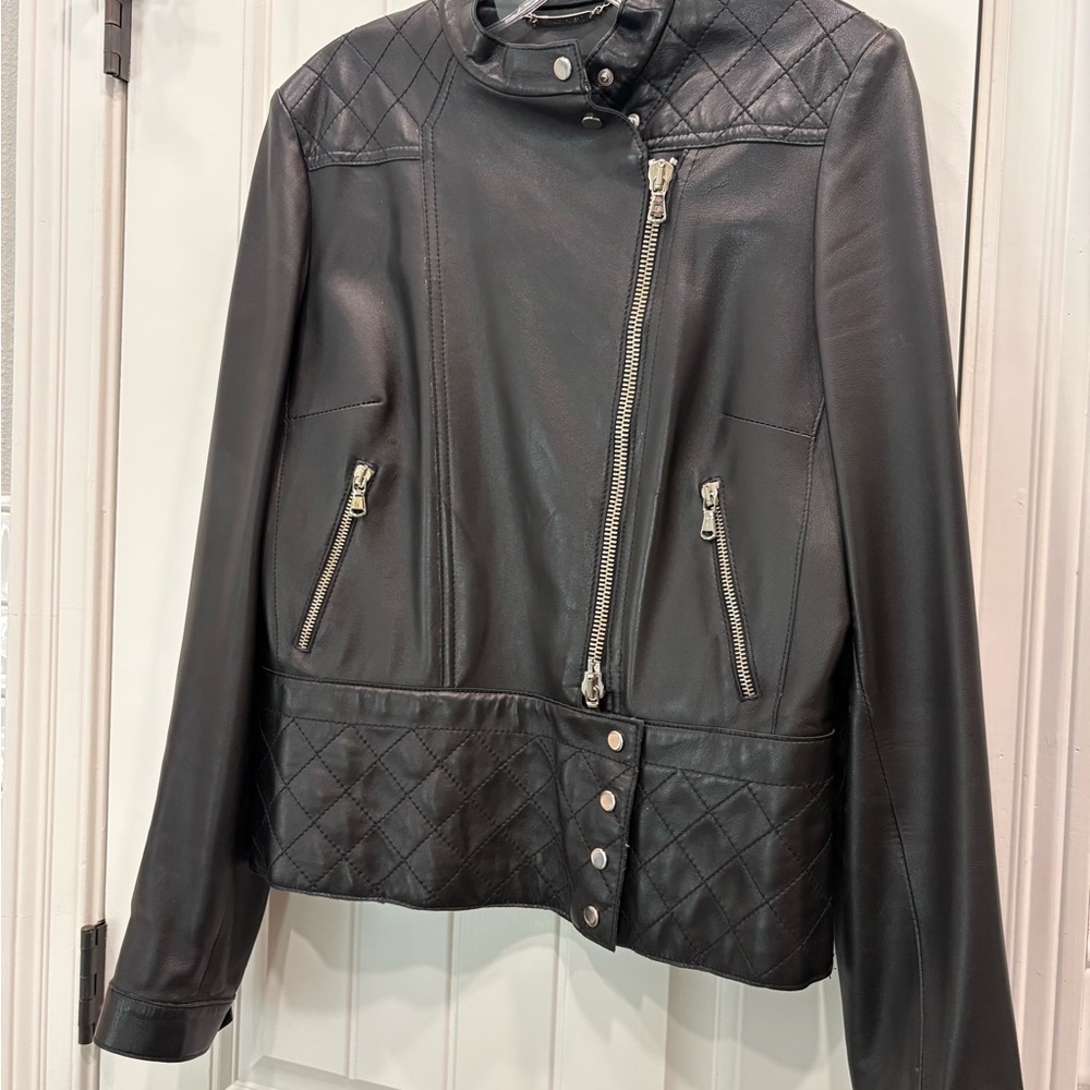 Donald J. Pliner Black Quilted Leather Moto Jacket - Picture 2 of 8
